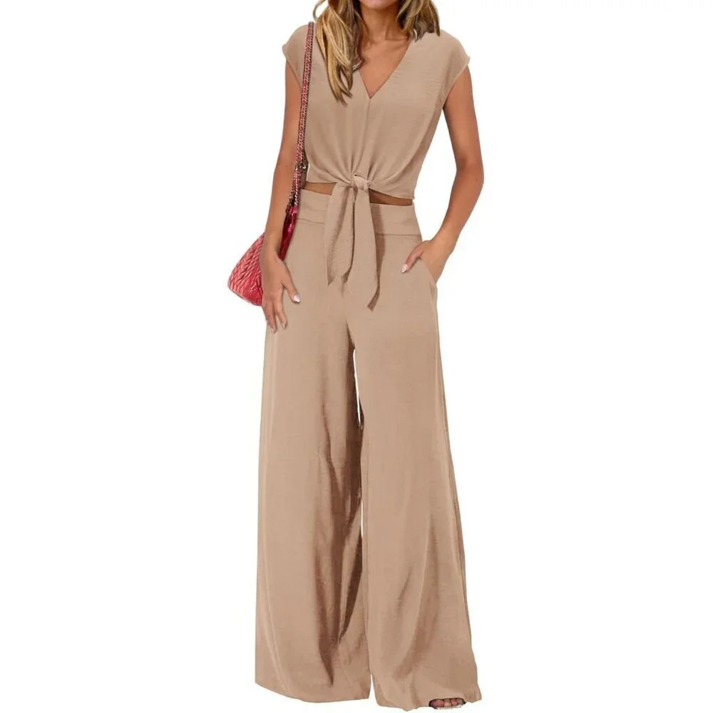 Women's Summer Two Piece Outfits Crop Top Wide Leg Pants Casual Lounge